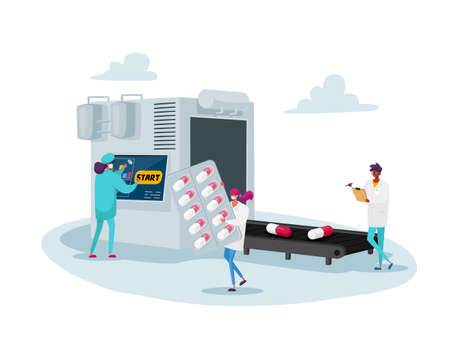 Doctor Pharmacist in Medical Robe Writing and Control Huge Conveyor Belt with Medicine Tablets. Pills Producing Industryのイラスト素材