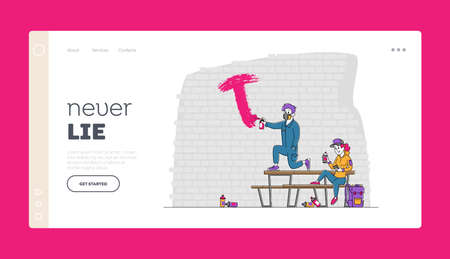 Teenagers Painting Graffiti Landing Page Template. Young People Creative Hobby Activity Street Artist Characters Drawingのイラスト素材