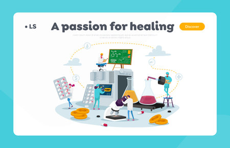 Pharmaceutical Industry Medical Drugs Producing Factory Landing Page Template. Pharmacist Characters at Huge Conveyorのイラスト素材