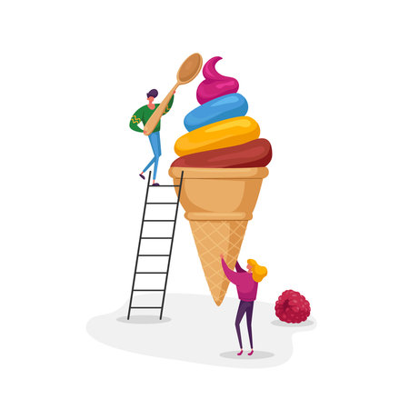 Tiny Female Character Holding Huge Fruit Ice Cream in Waffle Cone Man on Ladder Eat with Spoon....