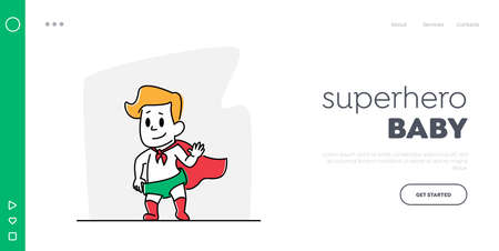 Toddler Character Rescue Landing Page Template. Little Baby Wearing Red Super Hero Cape Waving Hand Playing in Superheroのイラスト素材