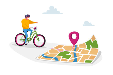 Female Character Riding Bike Use Map Smartphone Application to Finding Correct Way in Big City....