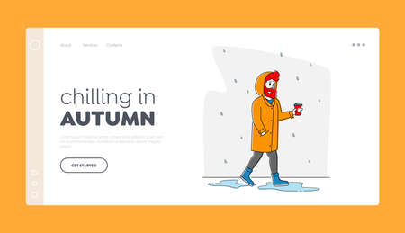 Spring or Autumn Rainy Season Weather Forecast Landing Page Template. Male Character in Yellow Cloak Holding Coffee Cupのイラスト素材