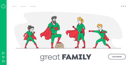 Super Family Landing Page Template. Parents and Children Relations. Dad, Mom and Kids Characters in Superhero Costumeのイラスト素材