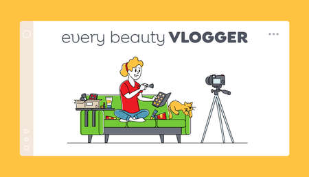 Cosmetics Product Review Landing Page Template. Girl Beauty Vlogger Character Open Parcel Shooting Vlog Recording Videoのイラスト素材