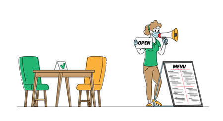 Waitress or Promoter Character Wear Protective Equipment for Covid Contagious Pandemic Protection Yelling to Loudspeakerのイラスト素材