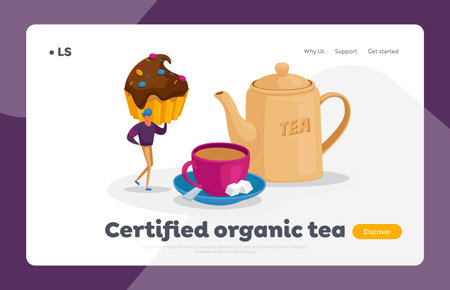 Tea Drinking Landing Page Template. Tiny Man Character Hold Cupcake with Chocolate and Sprinkles at...