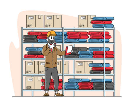 Inventory Manager Male Character Work in Warehouse with Stacks of Carton Boxes Checking List of Goods for Distributionのイラスト素材