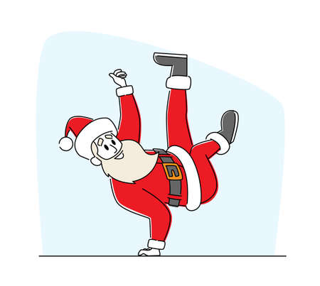 Santa Claus in Red Traditional Costume and Hat Dancing Brake Standing on One Arm. Cool Christmas Character Performing Modern Youth Dance at Xmas Party Celebration or Club. Linear Vector Illustrationのイラスト素材