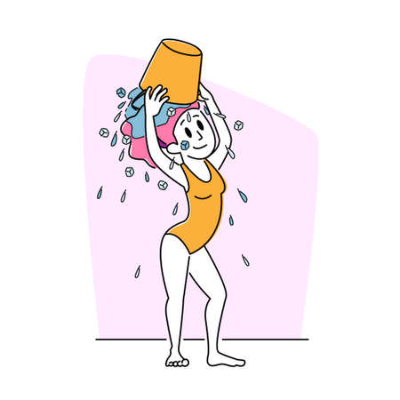 Woman in Swim Wear Pouring Ice Water Bucket on Head, Extreme Hardening Body. Young Female Character Getting Wet Outdoors Temper herself for Strong Immunity and Health. Linear Vector Illustrationのイラスト素材