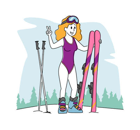 Woman Wearing Swimsuit and Glasses Posing with Skis. Young Female Character Skiing in Mountains, Hardening Body for Strong Health at Winter Time, Healthy Life, Sport. Linear People Vector Illustrationのイラスト素材