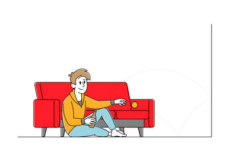 Lazy Weekend, Procrastination and Relaxed Home Spare Time Concept. Male Character Sitting on Floor with Beer Bottle in Hand Throwing Little Ball in Wall and Catching. Linear People Vector Illustrationのイラスト素材