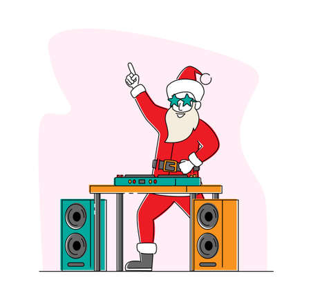 Santa Claus DJ in Headset Making Music at Console at Night Club. Cool Christmas Character in Red Traditional Costume Performing Modern Disco Dance Party Xmas Celebration. Linear Vector Illustrationのイラスト素材