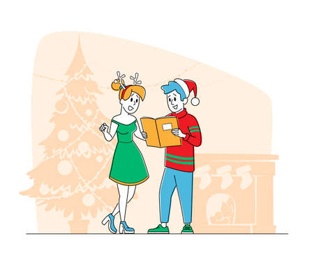 People Caroling, Happy Male and Female Characters Wearing Santa Claus, Reindeer Hats Christmas Singing Songs in Decorated Room with Fir Tree and Fire Place with Socks. Linear Vector Illustrationのイラスト素材
