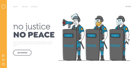 Civil Protest Landing Page Template. Military Police Characters Wear Uniform, Protective Helmets and Shields Stand in Row Holding Line, Officer Yell to Loudspeaker. Linear People Vector Illustrationのイラスト素材