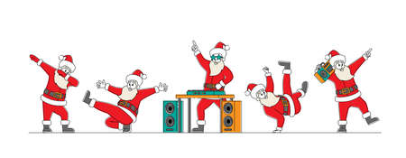 Funny Santa Claus Dancing. Funny Christmas Characters Making Dab Move, Dance Break and Hip Hop Style Dance, Young Teenage Culture, Holiday Greeting, DJ Club Party. Linear People Vector Illustrationのイラスト素材