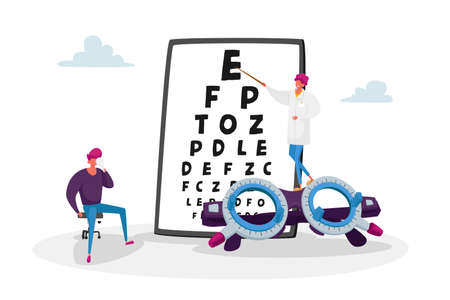 Ophthalmologist Doctor Check Up Patient Eyesight for Eyeglasses Diopter. Oculist Male Character with Pointer Checkup Eye Sight. Professional Optician Exam Treatment. Cartoon People Vector Illustrationのイラスト素材