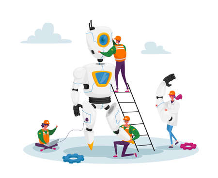 Engineers Scientists Tiny Characters Making and Programming Huge Robot in Science Laboratory. Robotics Hardware and Software Science Engineering Development Company. Cartoon People Vector Illustrationのイラスト素材