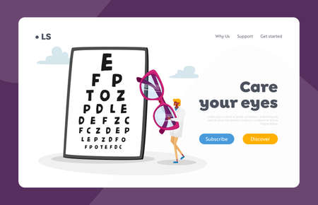Eyes Diseases Treatment and Diagnostics Landing Page Template. Tiny Female Doctor Character Carry Huge Eyeglasses, Vision Checkup. Oculist Ophthalmologist Appointment. Cartoon Vector Illustrationのイラスト素材