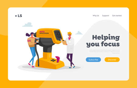 Sight Focus Correction Landing Page Template. Ophthalmologist Doctor Character Test Patient Eye on Auto Refractometer. Oculist Checkup Optometry, Medical Treatment. Cartoon People Vector Illustrationのイラスト素材