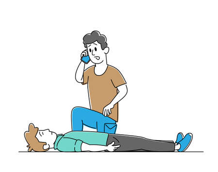 Male Character Emergency Call to Ambulance as Part of First Aid Help. Man Victim Lying on Floor. Nursing Training, Cardiopulmonary Resuscitation Medical Care. Linear People Vector Illustrationのイラスト素材