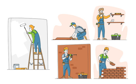 Set of Home Repair Characters. Workers in Robe Carpentry and Maintenance Works Painting and Drilling...
