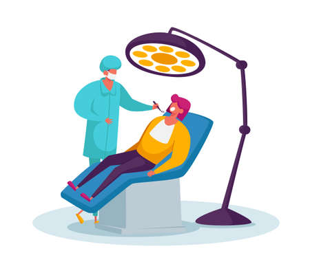 Doctor Dentist Character Conducting Health Medical Check Up Treatment Looking at Patient Oral Cavity. Woman in Medical Chair in Stomatologist Cabinet with Equipment. Cartoon People Vector Illustrationのイラスト素材