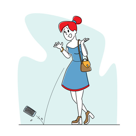 Upset Female Character Drop Smartphone on Ground. Woman with Broken Gadget on Street. Unlucky Situation Negative Emotionのイラスト素材
