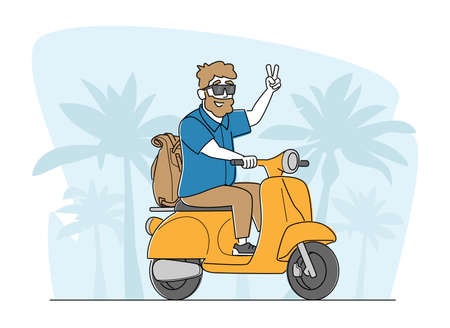 Cheerful Senior Riding Motorbike with Backpack, Hipster Pensioner Active Lifestyle, Aged Male Character Extreme Activityのイラスト素材