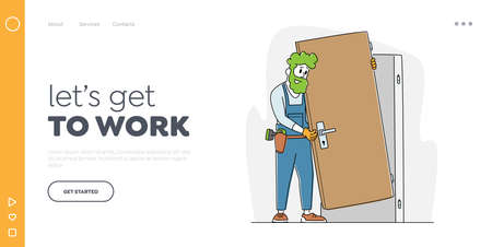 Home Repair Male Master Set Up New Door in Apartment Landing Page Template. Construction Service. Engineer with Toolsのイラスト素材
