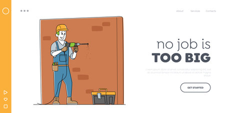 Worker Character Drill Wall Landing Page Template. Home Repair Service, Construction, Renovation and...
