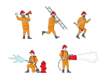 Set of Fire Fighters Male Characters in Uniform Holding Ladder, Spraying Water from Hose. Group of Firemen Workingのイラスト素材