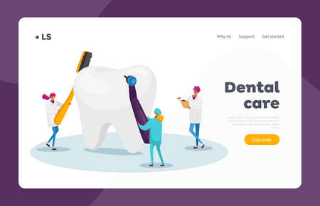 Dentistry Teeth Care Landing Page Template. Tiny Dentists Checking Huge Tooth for Caries Hole in Plaque, Stomatologyのイラスト素材