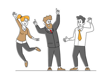 Business Team Success Celebration. Businesspeople Characters Celebrate Project Development, Reach Target in Officeのイラスト素材
