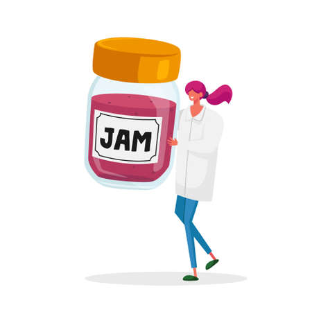 Tiny Female Character in White Medical Robe Hold Huge Glass Jar with Jam. Confectionery Factory Sweet Dessert Productionのイラスト素材