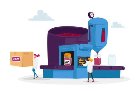 People Cooking Jam Concept. Tiny Male and Female Characters at Huge Machine Cook Sweets of Fresh Raspberries and Sugarのイラスト素材