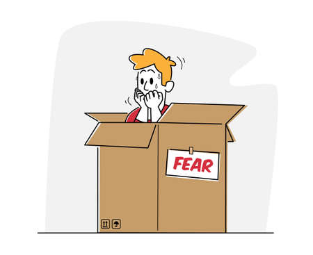 Psychological Health Problems, Illness Concept. Panic Attack Mental Sickness. Man Having Panic Disorder Hiding in Boxのイラスト素材