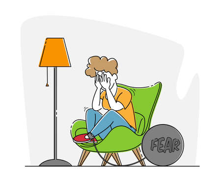 Fear, Mental Disorder Concept. Girl with Panic Attack Illness Crying Sitting in Armchair with Heavy Bob and Chain on Legのイラスト素材