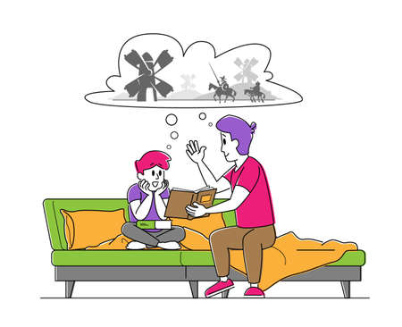 Happy Family Spending Time Together. Father Reading Book to Son Sitting on Sofa, Little Boy Listening Dads Fairytaleのイラスト素材