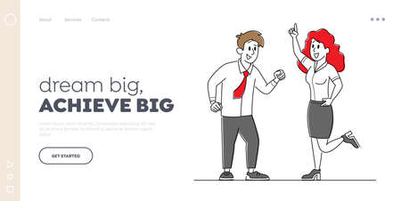 Joyful Managers Colleagues Celebrating Success Landing Page Template. Cheerful Business People Laugh and Waving Hands Upのイラスト素材