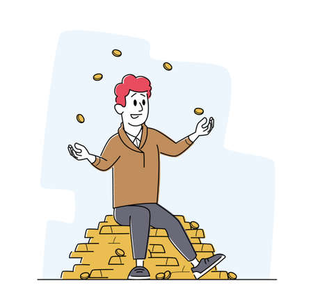 Rich Man Juggling with Gold Coins Sitting on Pile of Golden Bars. Successful Businessman, Investor or Lottery Winnerのイラスト素材