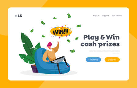 Man Win Money in Internet Landing Page Template. Happy Male Character Sitting with Laptop in Armchair Celebrate Winのイラスト素材