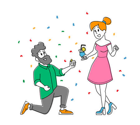 Friends Meeting, Corporate. Young Woman and Man Characters Clinking Glasses with Alcohol Drink Have Fun at Disco Partyのイラスト素材
