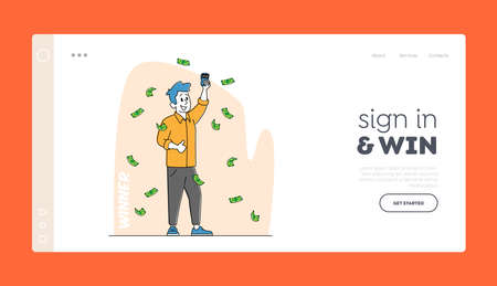 Financial Freedom Landing Page Template. Lottery Winner Male Character Stand under Falling Money Rain with Lucky Ticketsのイラスト素材