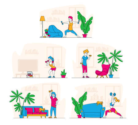 Set of Sportswomen Exercising with Dumbbells Concept. Female Characters in Sportswear Workout with Weight at Home, Sportのイラスト素材