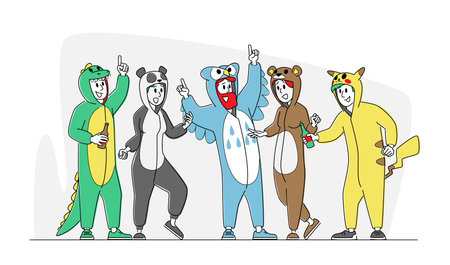 Costume Party Concept. Happy Drunk Friends Rejoice at Festive Event Celebration. Hipster Men and...