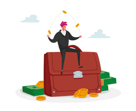 Invest Portfolio, Stock Market Trading Concept. Tiny Investor Male Character Sit at Huge Briefcase Juggling with Coinsのイラスト素材