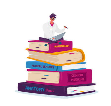Tiny Man Medical Intern in White Robe Work on Laptop Sitting on Huge Books Pile Prepare for Examination, Learningのイラスト素材