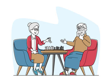 Senior Man and Woman Playing Chess in Nursing Home. Elderly Pensioners Couple Spending Time at Intellectual Gameのイラスト素材