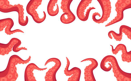 Octopus Tentacle Rectangular Border Isolated on White Background. Monster Kraken Hands, Fantasy Creature Cephalopod Armsのイラスト素材